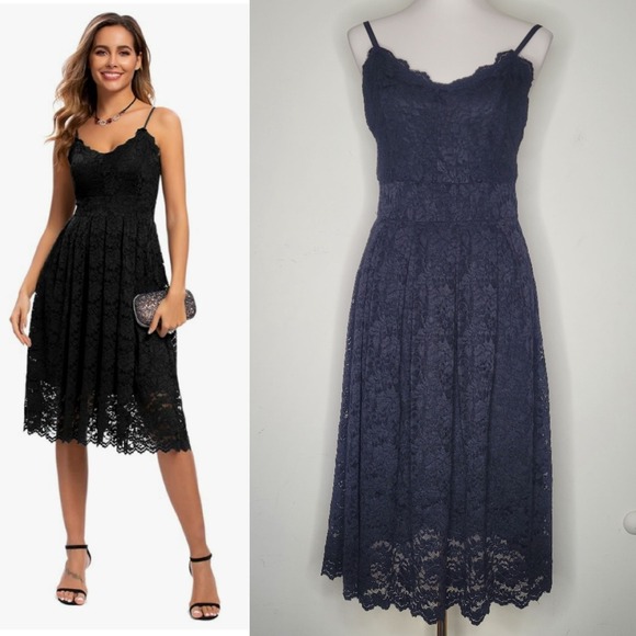 NWT Sz M Black Lace Strappy V Neck Midi Dress Whimsigoth Whimsical Dark Romance - Picture 1 of 10